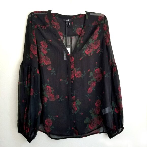 PAIGE Tops - Paige Emilia Top Size L Black Multi-Joplin Rose Sheer NWT Floral Balloon Sleeves